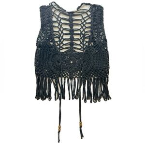 MINKPINK | WOMEN’S CROCHET VEST | WESTERN BOHO BEADED FRINGE | BROWN | SMALL